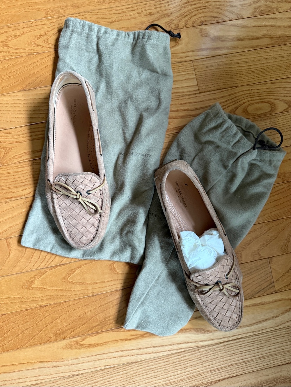 Bottega Veneta Woven Suede Loafers in Pale Pink Suede